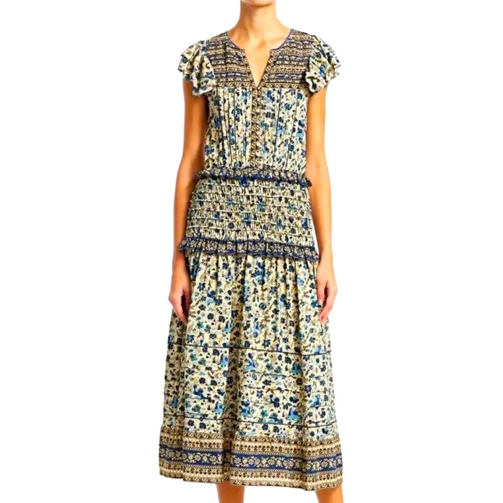 Sea New York Silk Floral Flutter Sleeve Midi Dress Blue Cream, Size 4